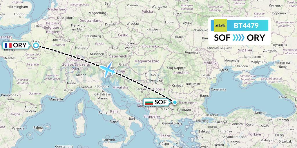 BT4479 Air Baltic Flight Map: Sofia to Paris