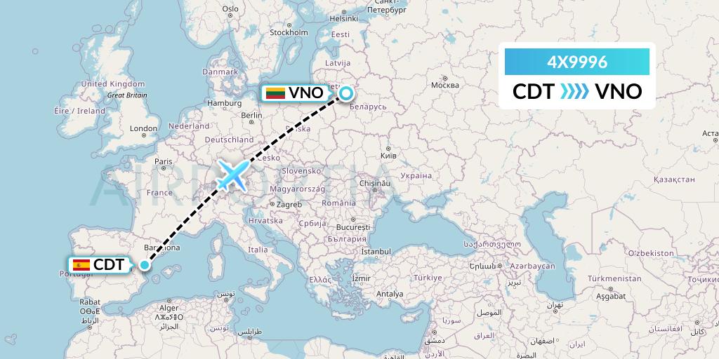 4X9996 Air Mercury Flight Map: Castellon de la Plana to Vilnius