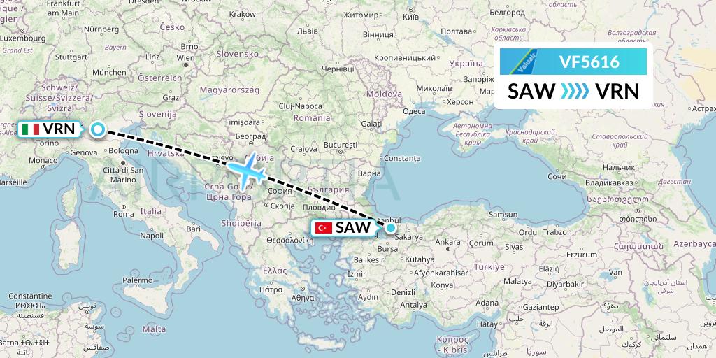 VF5616 ValuAir Flight Map: Istanbul to Verona