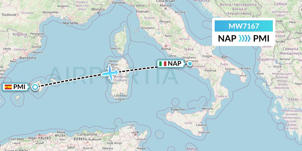 MW7167 Mokulele Flight Service Flight Map: Naples to Palma de Mallorca