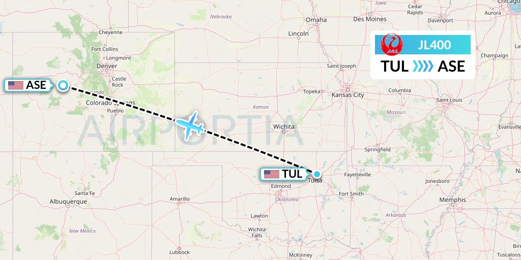 JL400 Japan Airlines Flight Map: Tulsa to Aspen