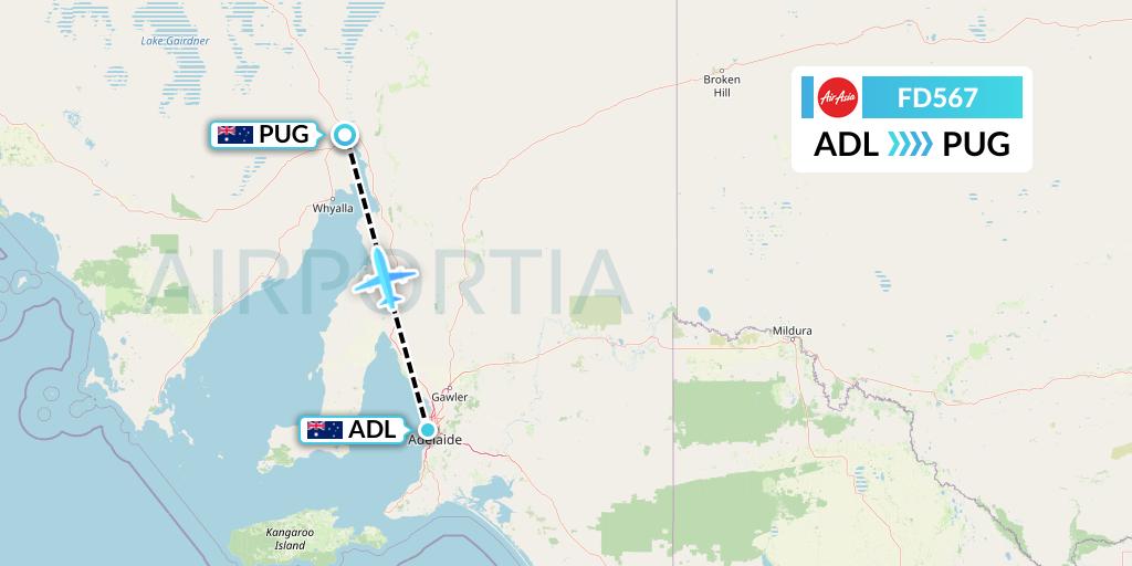 FD567 Thai AirAsia Flight Map: Adelaide to Port Augusta