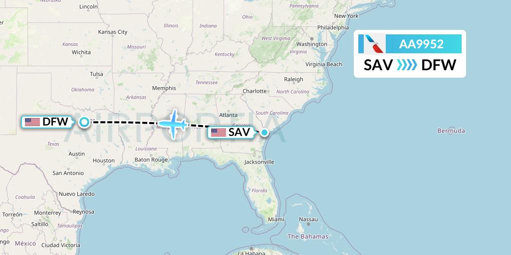 AA9952 American Airlines Flight Map: Savannah to Dallas