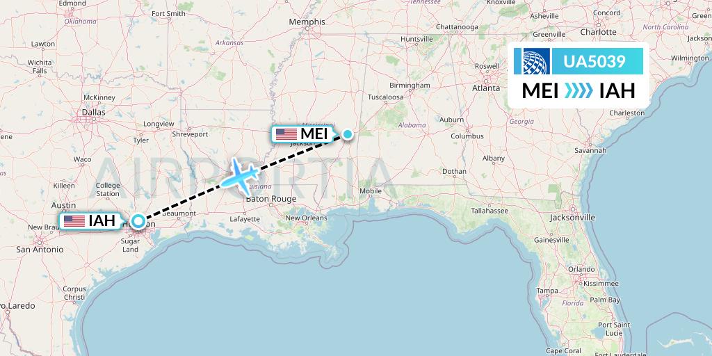 UA5039 United Airlines Flight Map: Meridian to Houston
