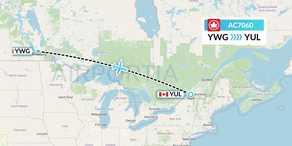 AC7060 Air Canada Flight Map: Winnipeg to Montreal