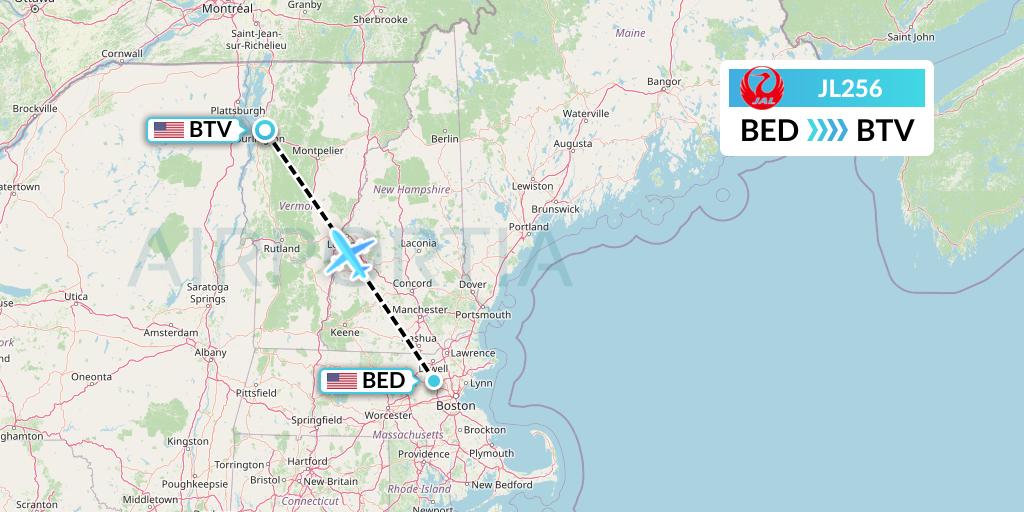 JL256 Japan Airlines Flight Map: Bedford to Burlington