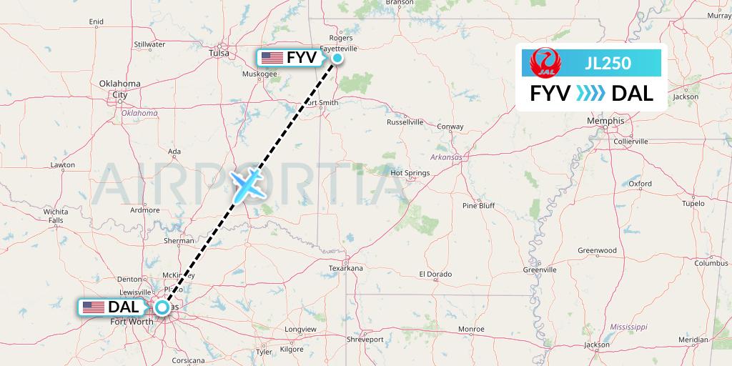 JL250 Japan Airlines Flight Map: Fayetteville to Dallas