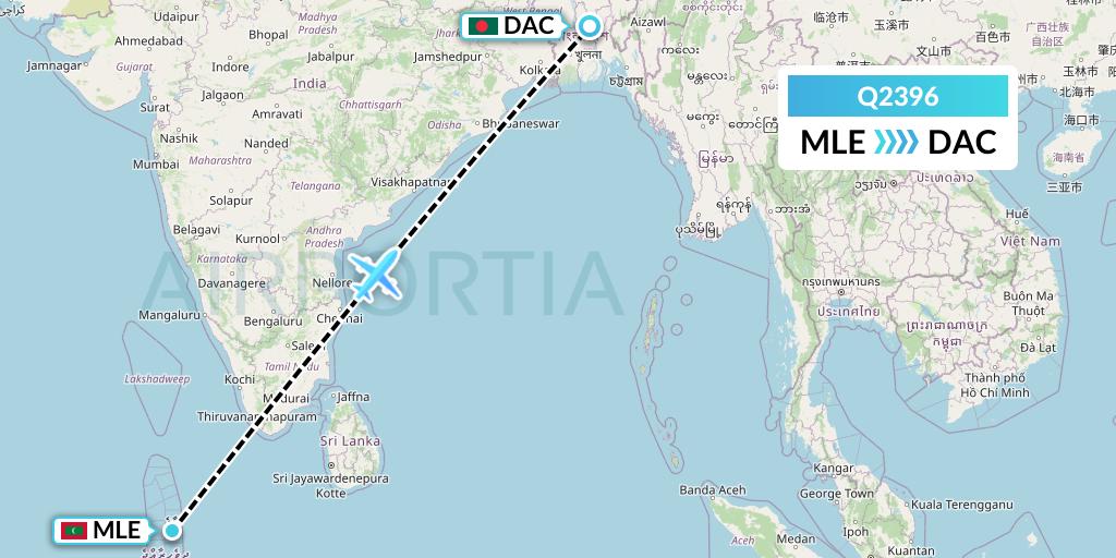 Q2396 Maldivian Flight Map: Male to Dhaka
