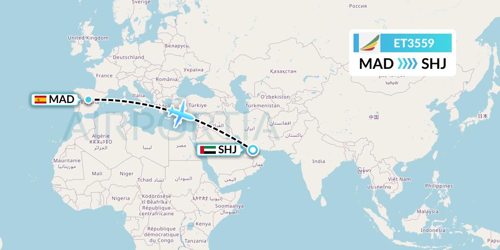 ET3559 Ethiopian Airlines Flight Map: Madrid to Sharjah