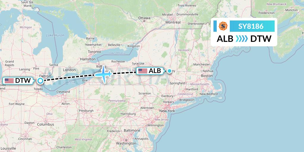 SY8186 Sun Country Airlines Flight Map: Albany to Detroit