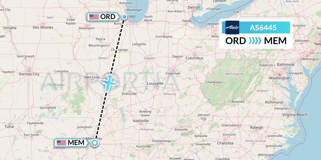 AS6445 Alaska Airlines Flight Map: Chicago to Memphis