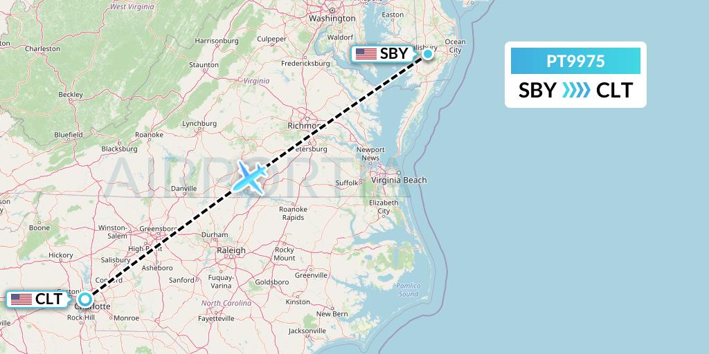 PT9975 Piedmont Airlines Flight Map: Salisbury to Charlotte