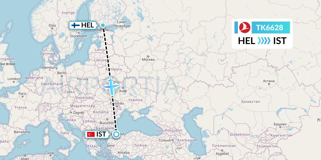 TK6628 Turkish Airlines Flight Map: Helsinki to Istanbul