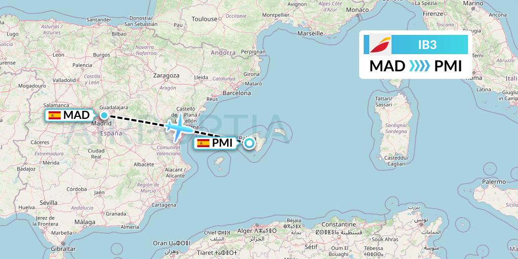 IB3 Iberia Flight Map: Madrid to Palma de Mallorca