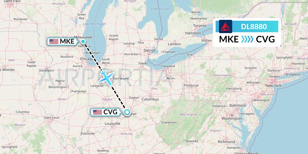 DL8880 Delta Air Lines Flight Map: Milwaukee to Cincinnati