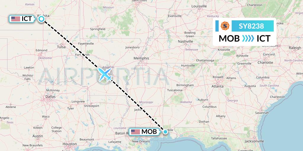 SY8238 Sun Country Airlines Flight Map: Mobile to Wichita