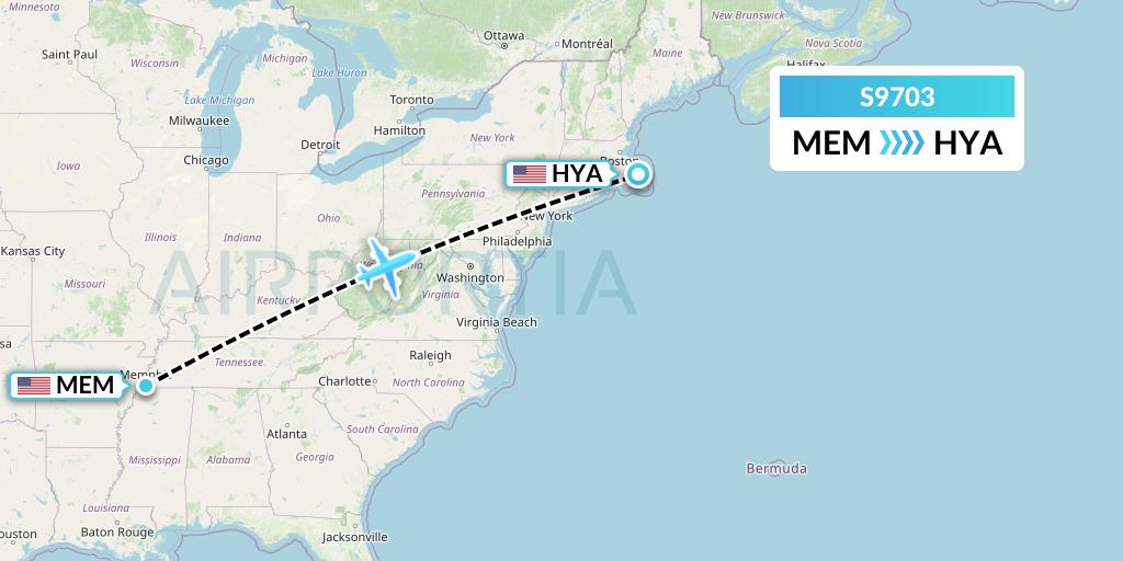 S9703 Flybig Flight Map: Memphis to Hyannis