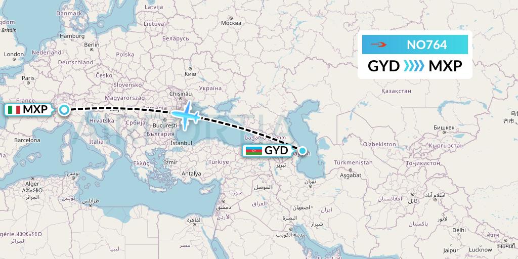 NO764 Neos Flight Map: Baku to Milan