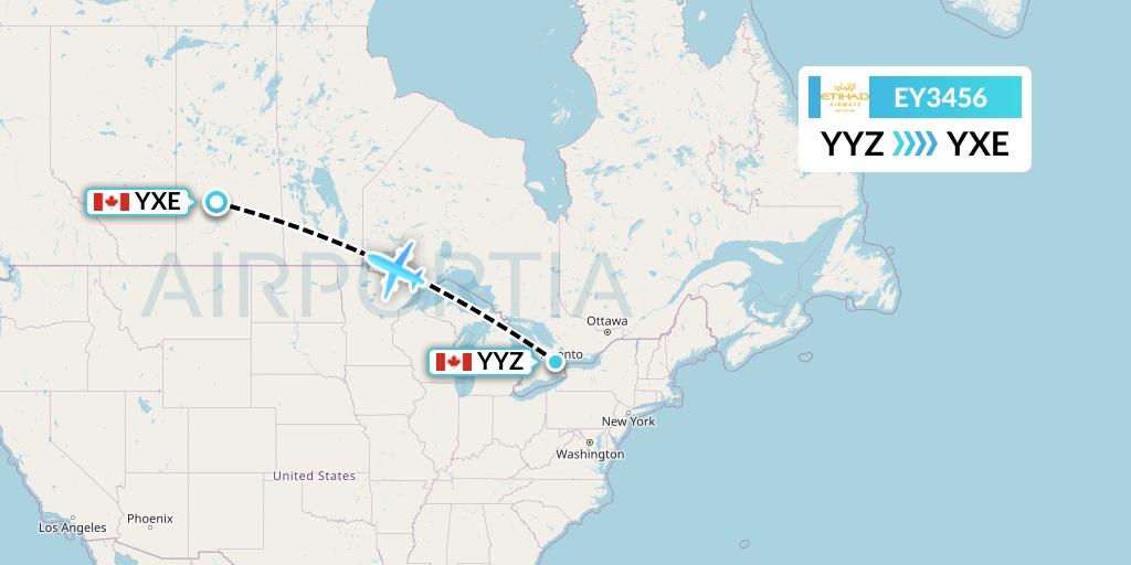 EY3456 Etihad Airways Flight Map: Toronto to Saskatoon