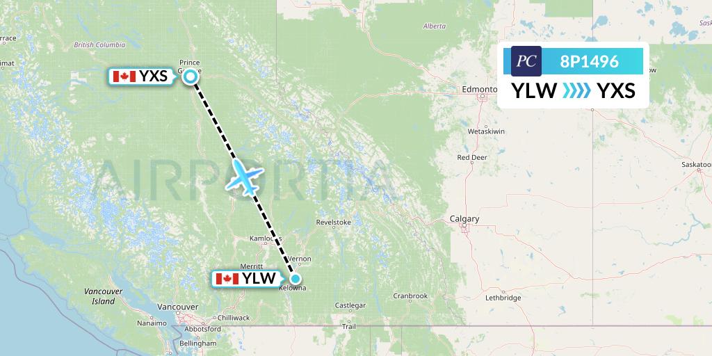 8P1496 Pacific Coastal Airlines Flight Map: Kelowna to Prince George