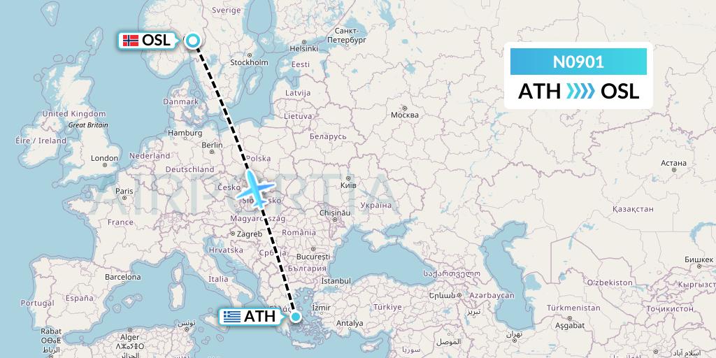 N0901 Norse Atlantic Airways Flight Map: Athens to Oslo