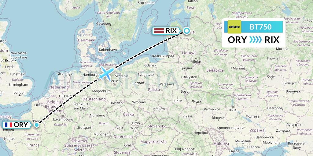 BT750 Air Baltic Flight Map: Paris to Riga