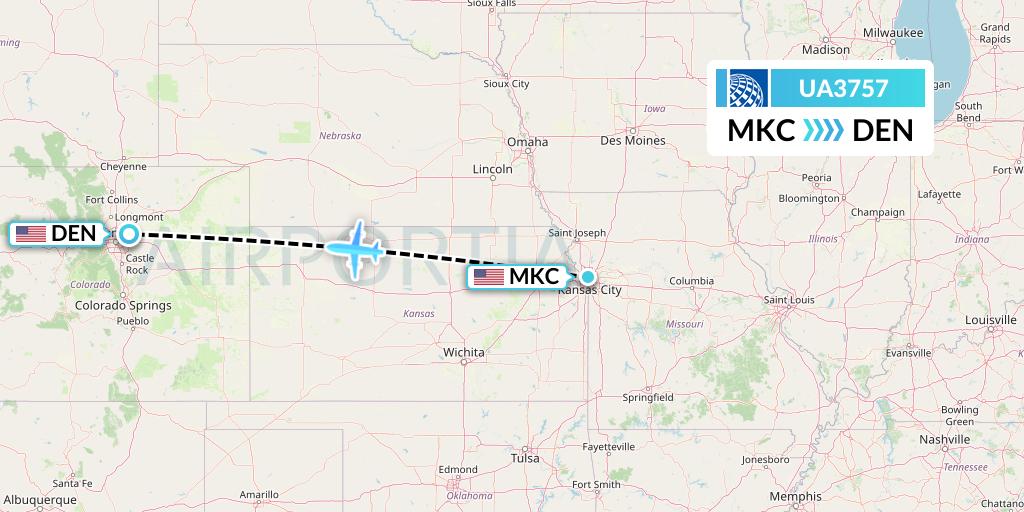 UA3757 United Airlines Flight Map: Kansas City to Denver