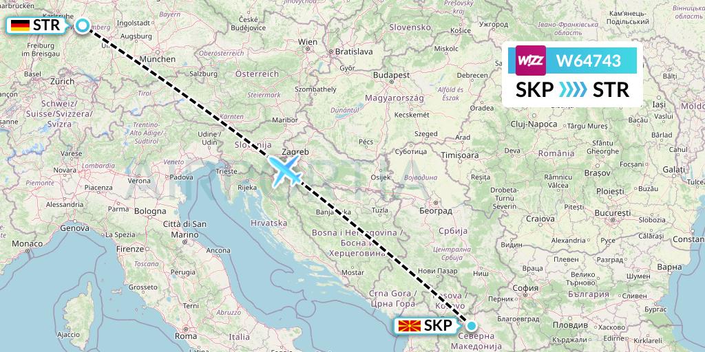 W64743 Wizz Air Flight Map: Skopje to Stuttgart