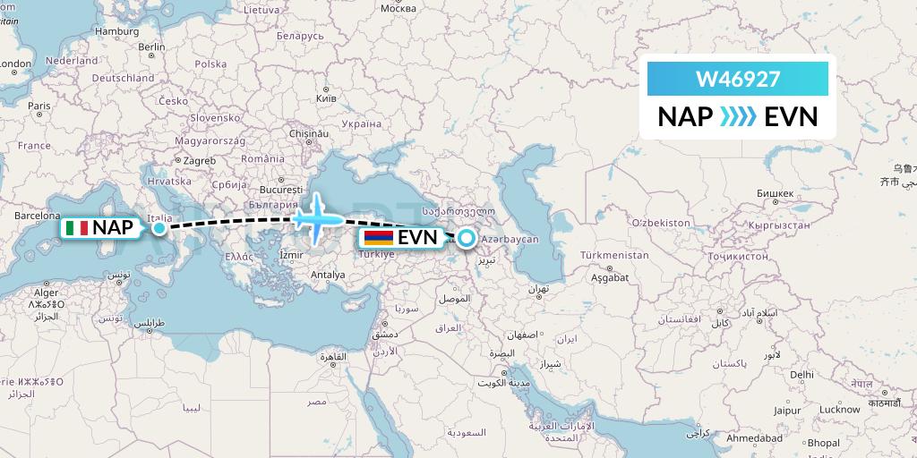 W46927 Wizz Air Malta Flight Map: Naples to Yerevan