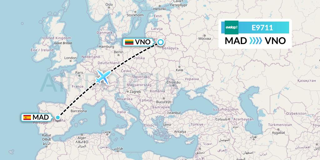 E9711 Evelop Airlines Flight Map: Madrid to Vilnius