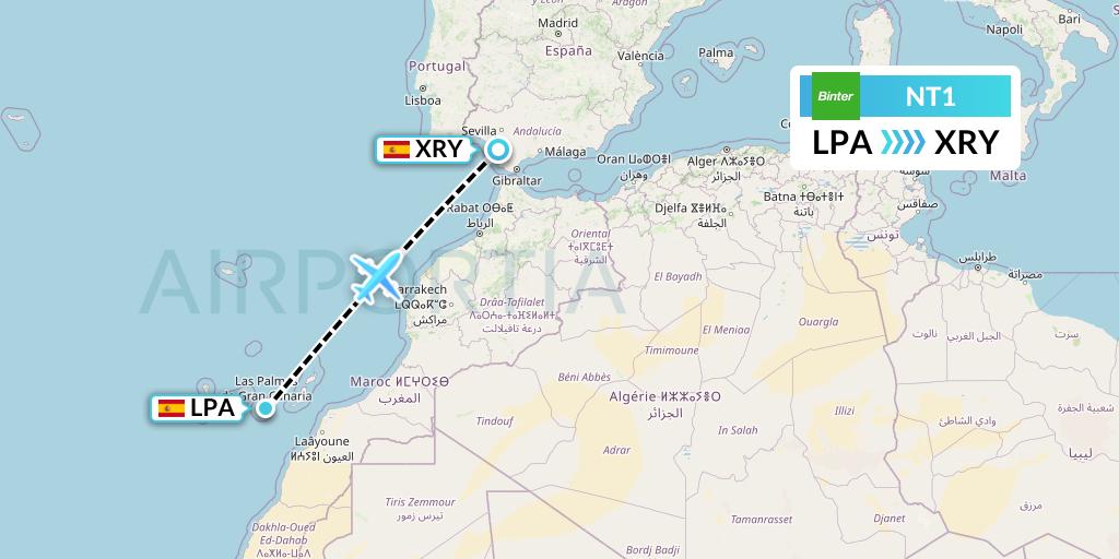 NT1 Binter Canarias Flight Map: Las Palmas to Jerez