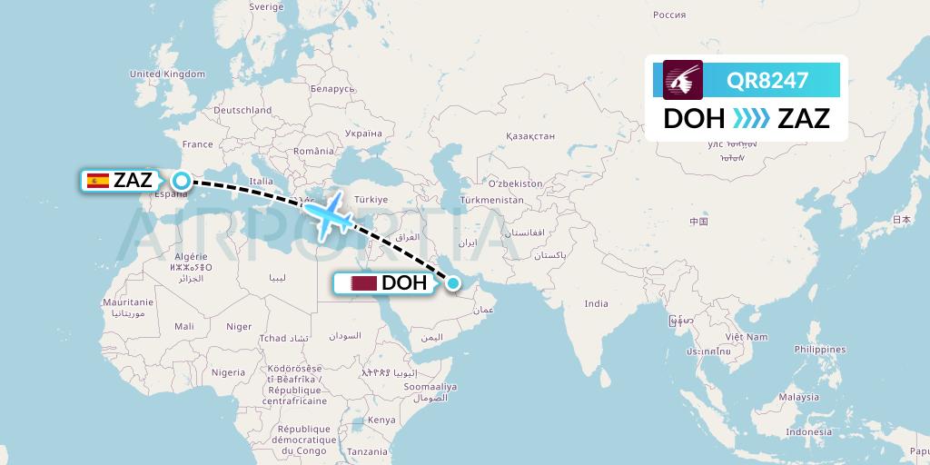 QR8247 Qatar Airways Flight Map: Doha to Zaragoza