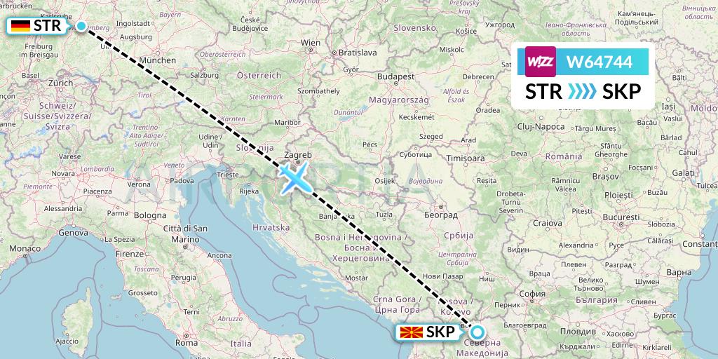W64744 Wizz Air Flight Map: Stuttgart to Skopje