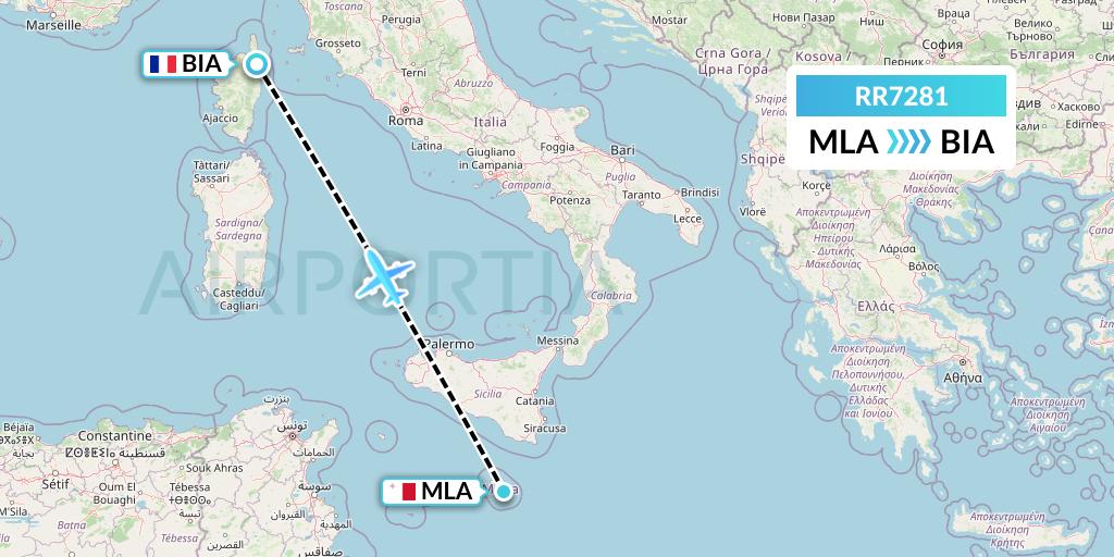 RR7281 Royal Air Force Flight Map: Malta to Bastia