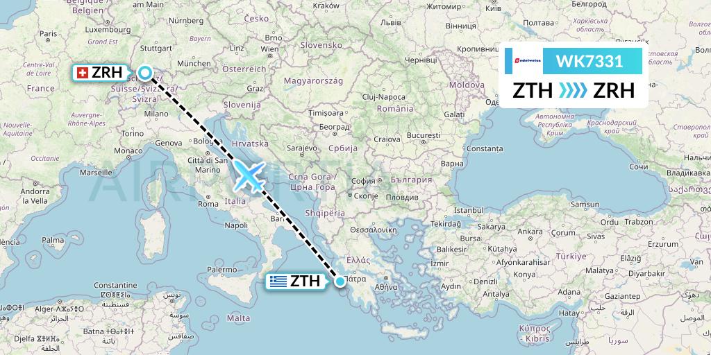 WK7331 Edelweiss Air Flight Map: Zakynthos to Zurich