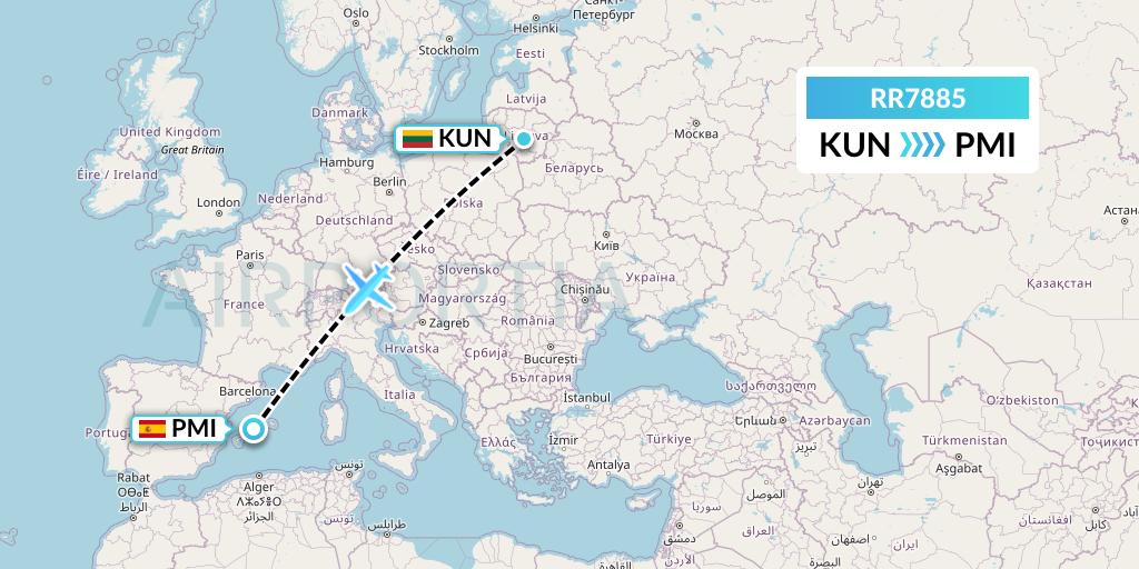 RR7885 Royal Air Force Flight Map: Kaunas to Palma de Mallorca