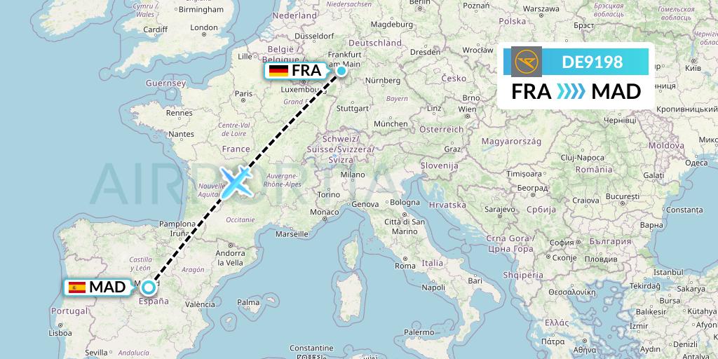 DE9198 Condor Flight Map: Frankfurt to Madrid