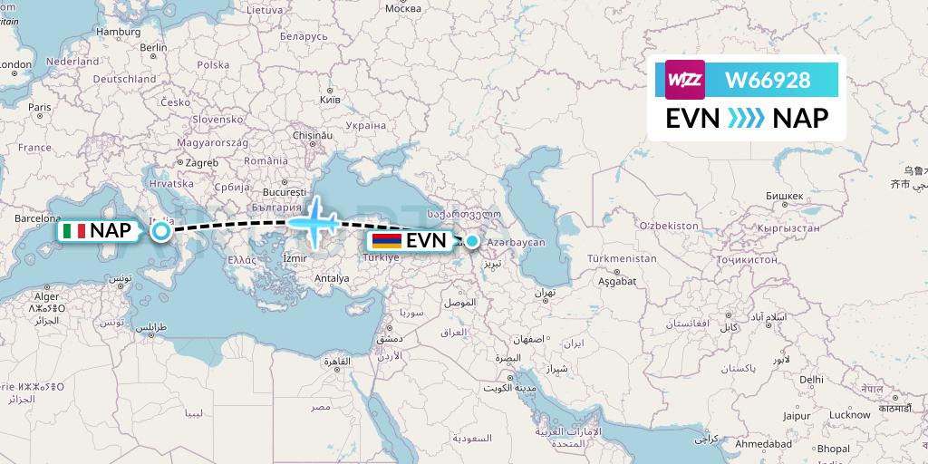 W66928 Wizz Air Flight Map: Yerevan to Naples