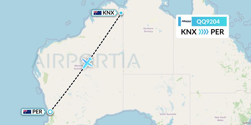 QQ9204 Alliance Airlines Flight Map: Kununurra to Perth