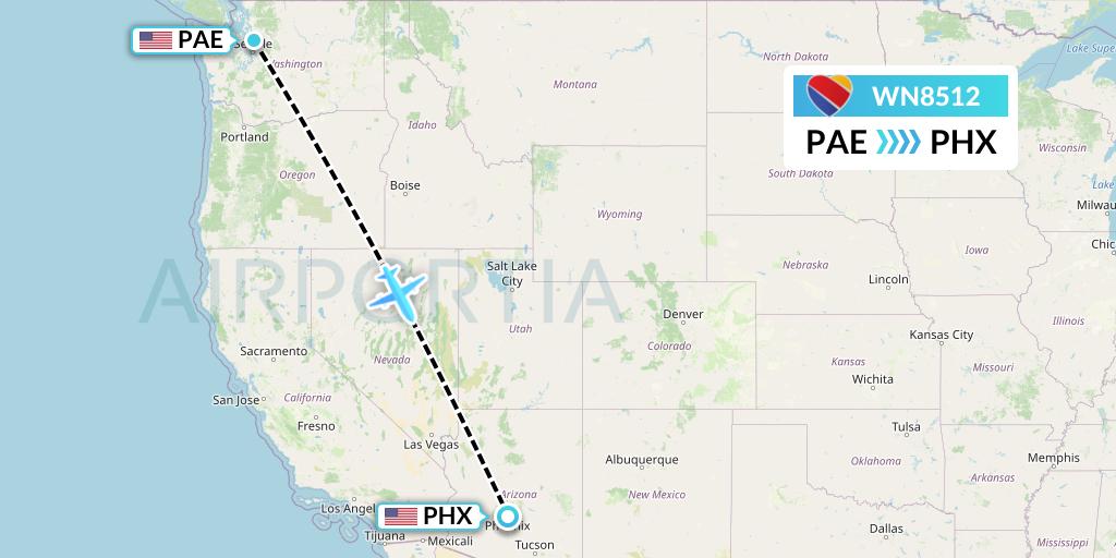 WN8512 Southwest Airlines Flight Map: Everett to Phoenix