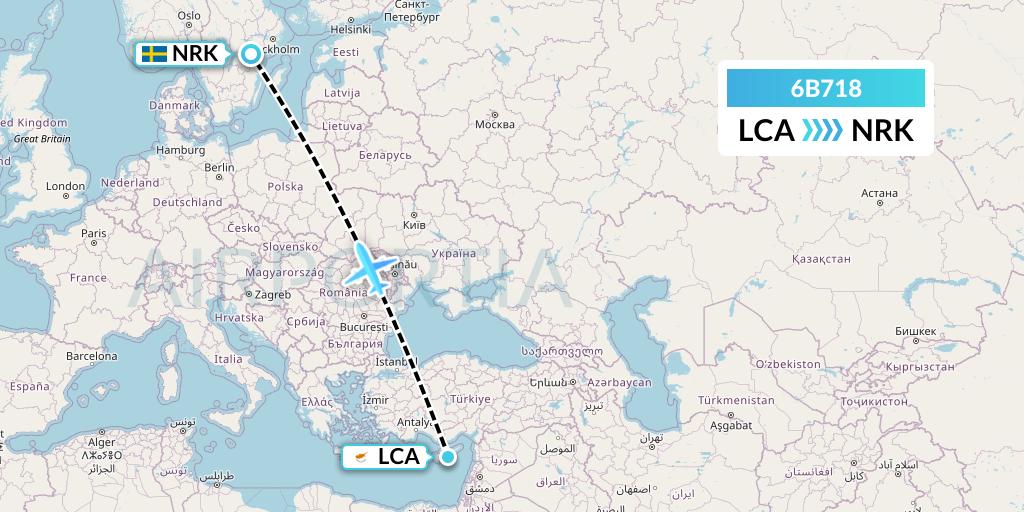 6B718 TUI fly Nordics Flight Map: Larnaca to Norrkoping