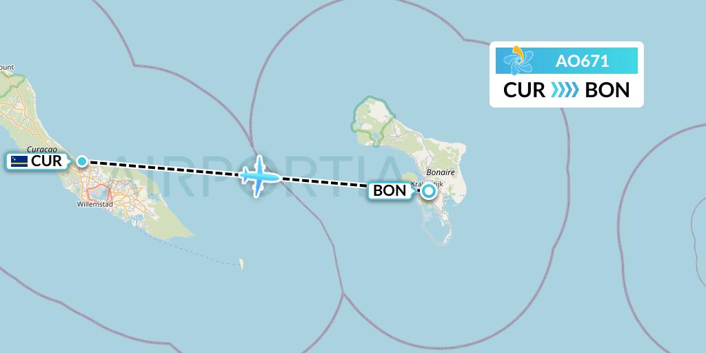 AO671 Air Juan Flight Map: Willemstad to Bonaire