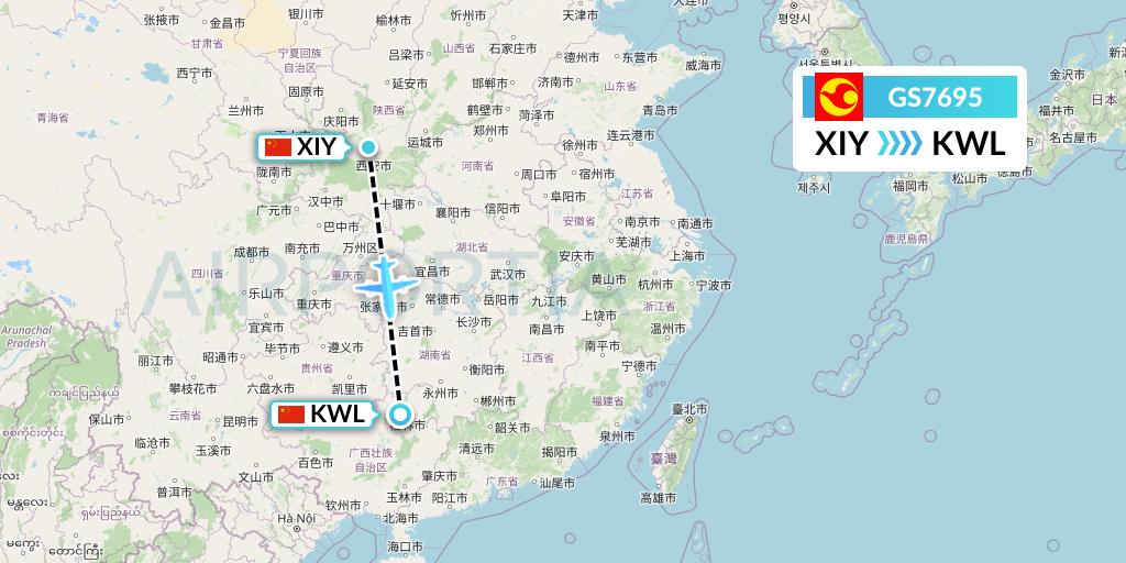 GS7695 Tianjin Airlines Flight Map: Xi'an to Guilin