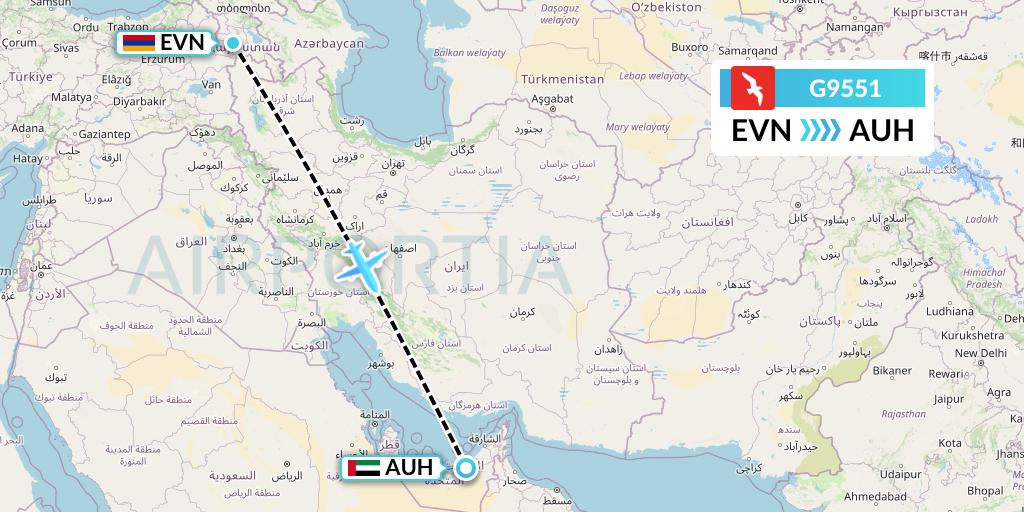 G9551 Air Arabia Flight Map: Yerevan to Abu Dhabi