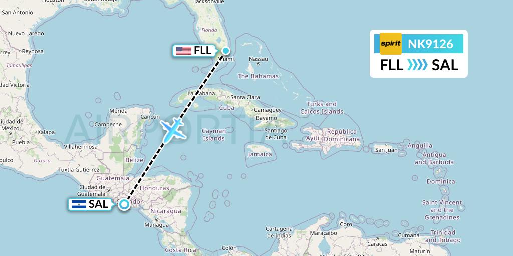 NK9126 Spirit Airlines Flight Map: Fort Lauderdale to San Salvador