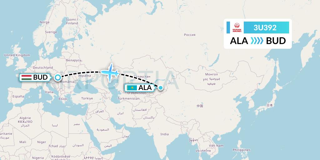 3U392 Sichuan Airlines Flight Map: Almaty to Budapest