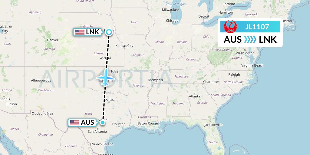 JL1107 Japan Airlines Flight Map: Austin to Lincoln