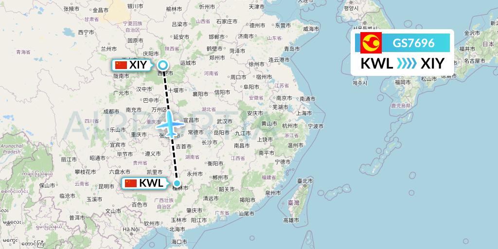 GS7696 Tianjin Airlines Flight Map: Guilin to Xi'an