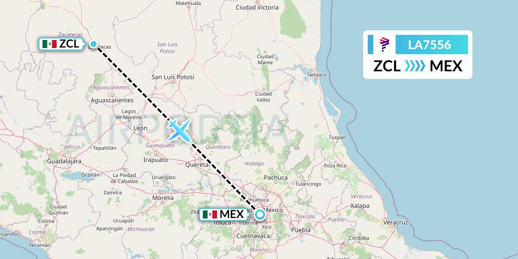 LA7556 LAN Airlines Flight Map: Zacatecas to Mexico City