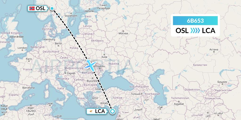 6B653 TUI fly Nordics Flight Map: Oslo to Larnaca